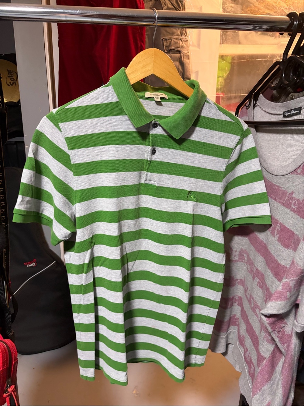 Burberry Green and White Striped Polo Shirt